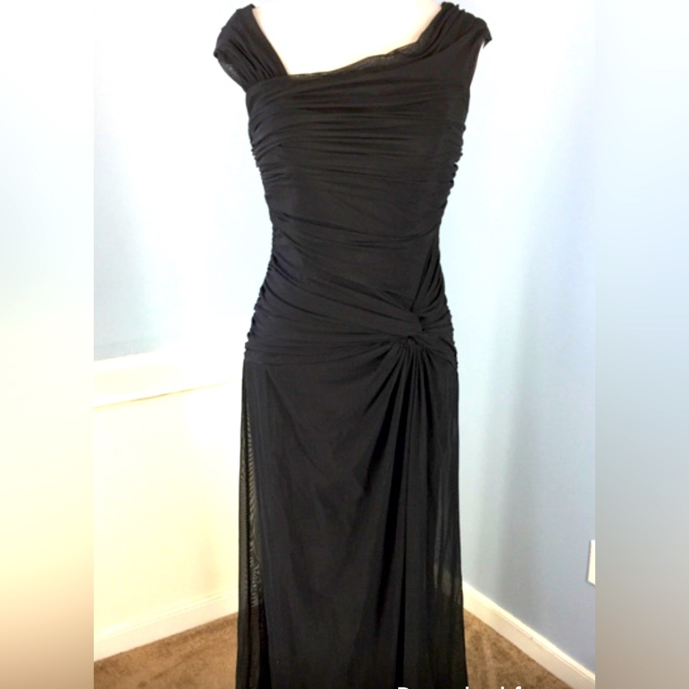 Tadashi Black Asymmetrical Ruched Maxi Gown Dress - Medium